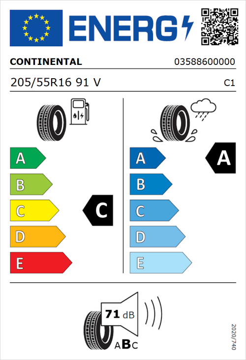 Tyre Label for Continental PremiumContact 6 205/55R16 91V