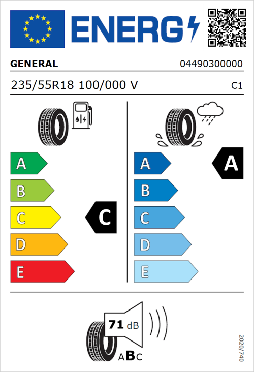 Tyre Label for General Grabber GT Plus 235/55R18 100/000V