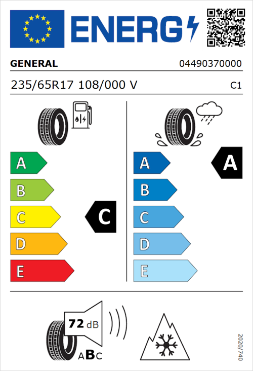 Tyre Label for General Grabber GT Plus 235/65R17 108/000V