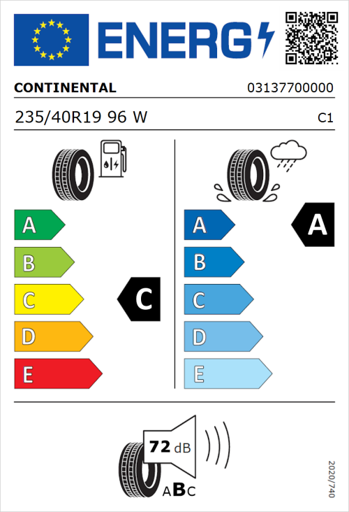 Tyre Label for Continental PremiumContact 6 235/40R19 96W